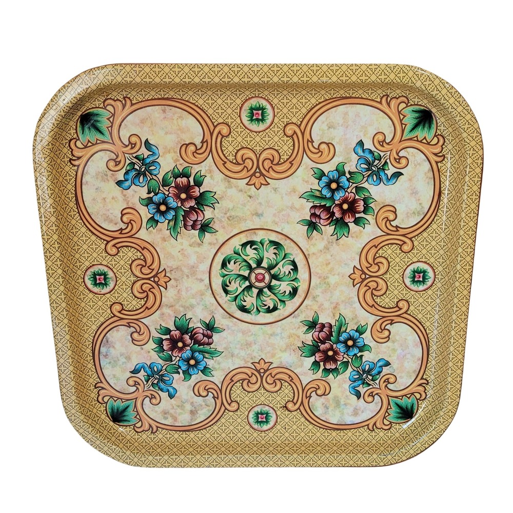 Daher Decorated Ware Square Tin Tray Floral Made in England Cream Gold 13.5"